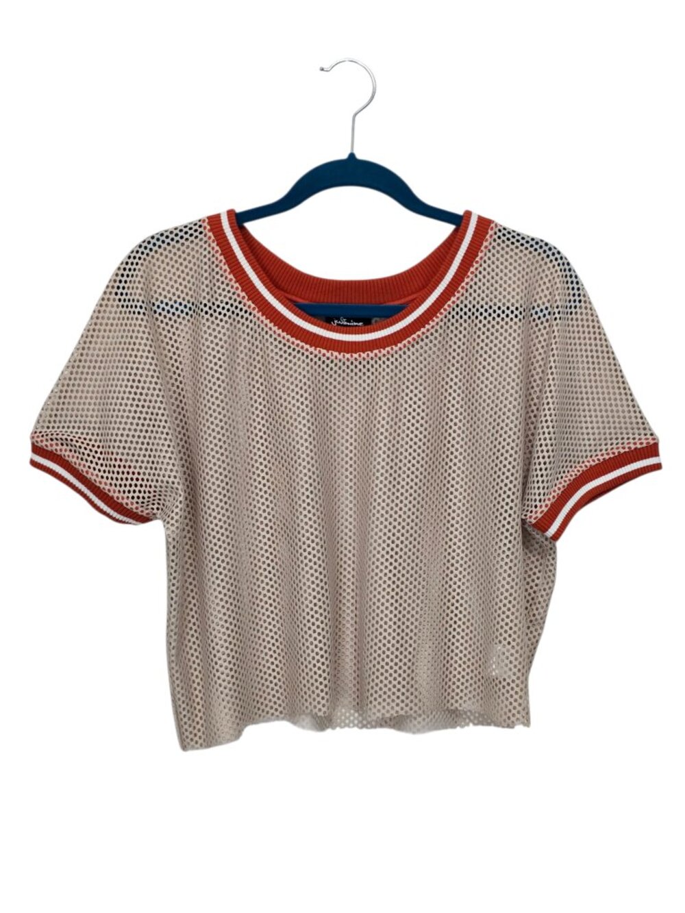 Justmine Beige Mesh Short Sleeve Top w. Orange & White Striped Collar & Cuff Siz
